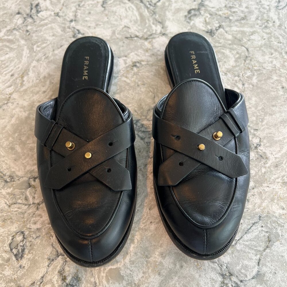FRAME Leather Mules / Loafers - Size 36.5 - Black w Gold Hardware (OBO)
